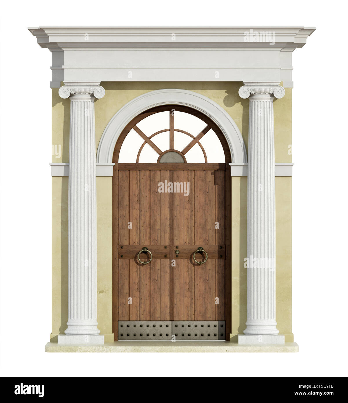 Vista frontale di un classico portale in ordine ionico con porta di legno isolato su bianco - 3D Rendering Foto Stock