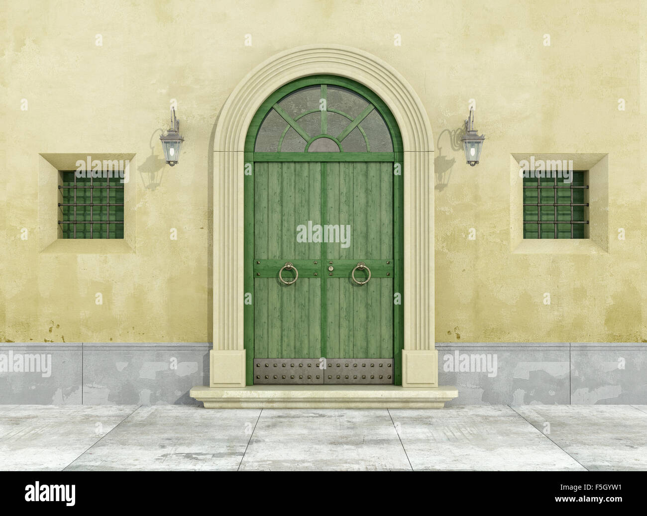 Dettaglio di una vecchia facciata con porta verde e due piccole finestre - 3D Rendering Foto Stock