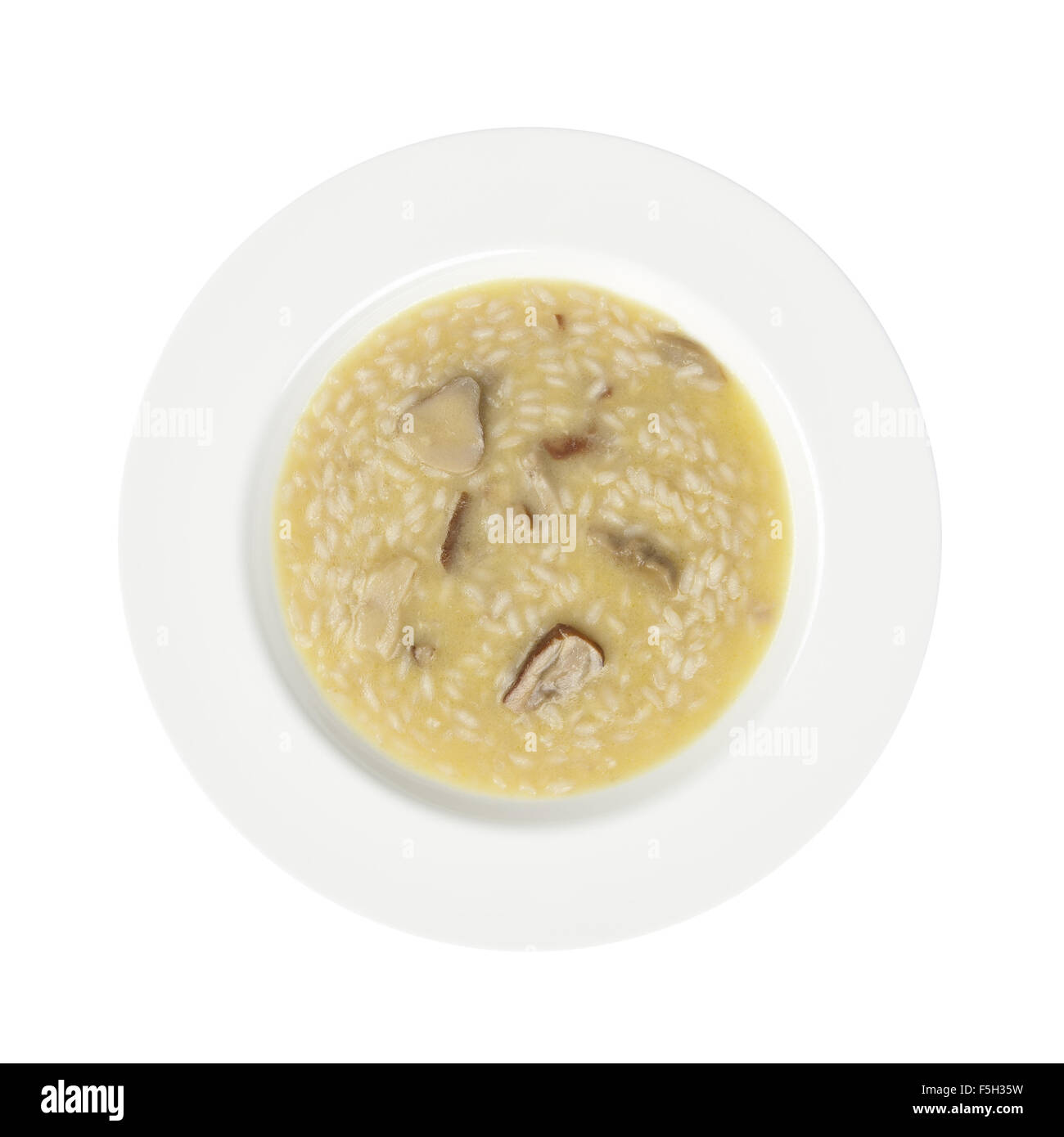 Tradizionale ricetta italiana funghi riso su un piatto rotondo isolato su sfondo bianco. Noto anche come il Risotto ai Funghi Porcini Foto Stock