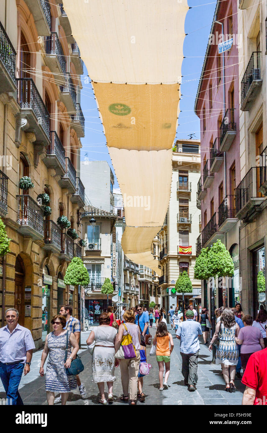 Spagna, Andalusia, provincia di Granada, Granada, la tettoia ombreggiata Calle Mesones in soli pedoni shopping Foto Stock