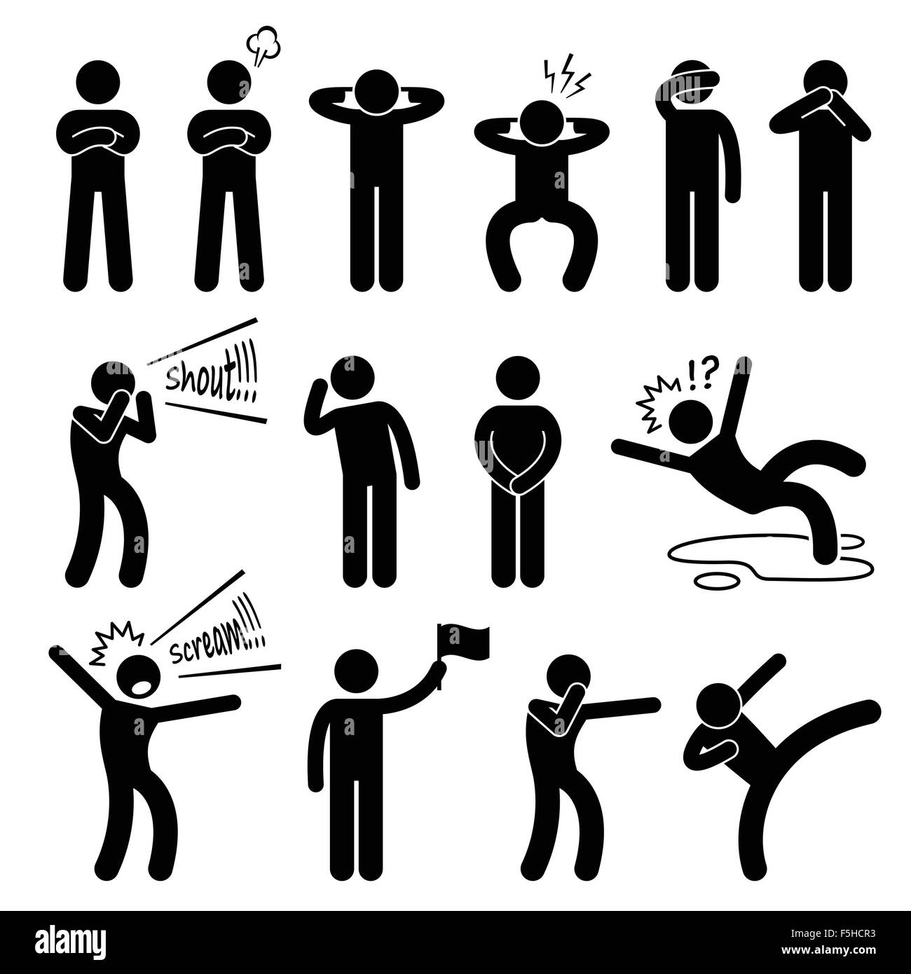 Azione umana pone posture Stick figura il pittogramma icone Illustrazione Vettoriale