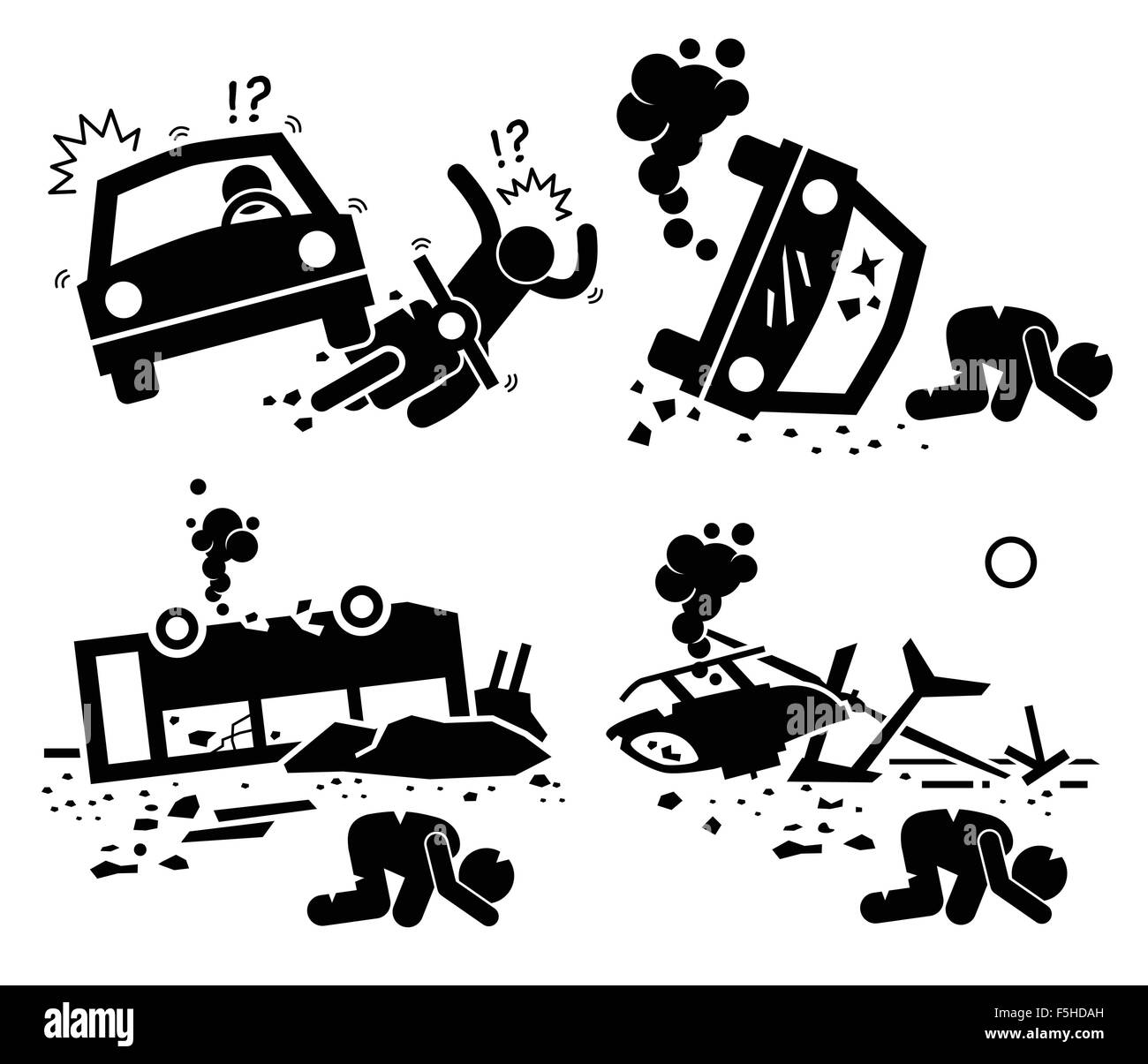 Disastro tragico incidente di Auto Motocicletta collisione, Bus Crash, e l'Elicottero incidente Stick figura il pittogramma icone Illustrazione Vettoriale