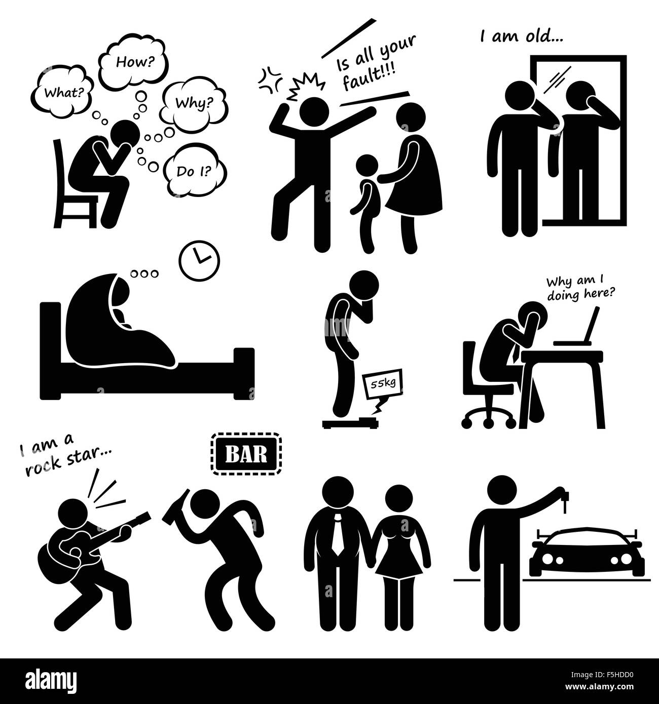 Come Crisi di mezza età media età problema uomo Stick figura il pittogramma icone Illustrazione Vettoriale