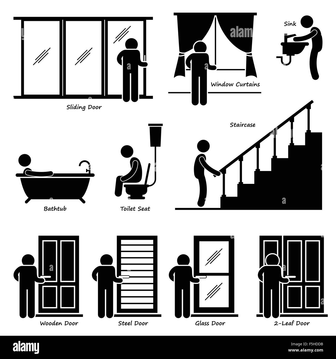 Home Casa infissi interni Stick Figura Icona pittogramma Cliparts Illustrazione Vettoriale