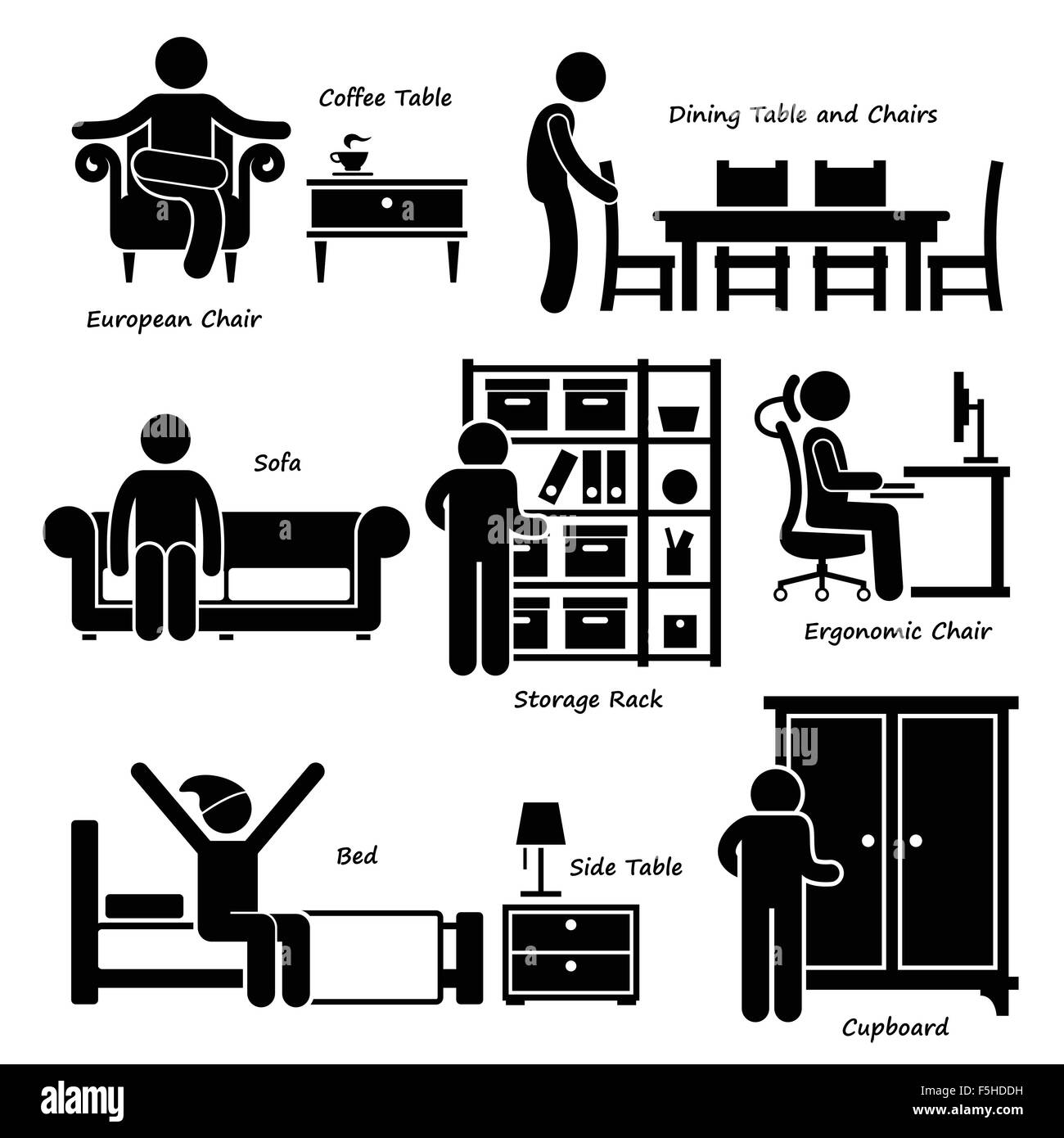 Home Arredo Casa Stick Figura Icona pittogramma Cliparts Illustrazione Vettoriale