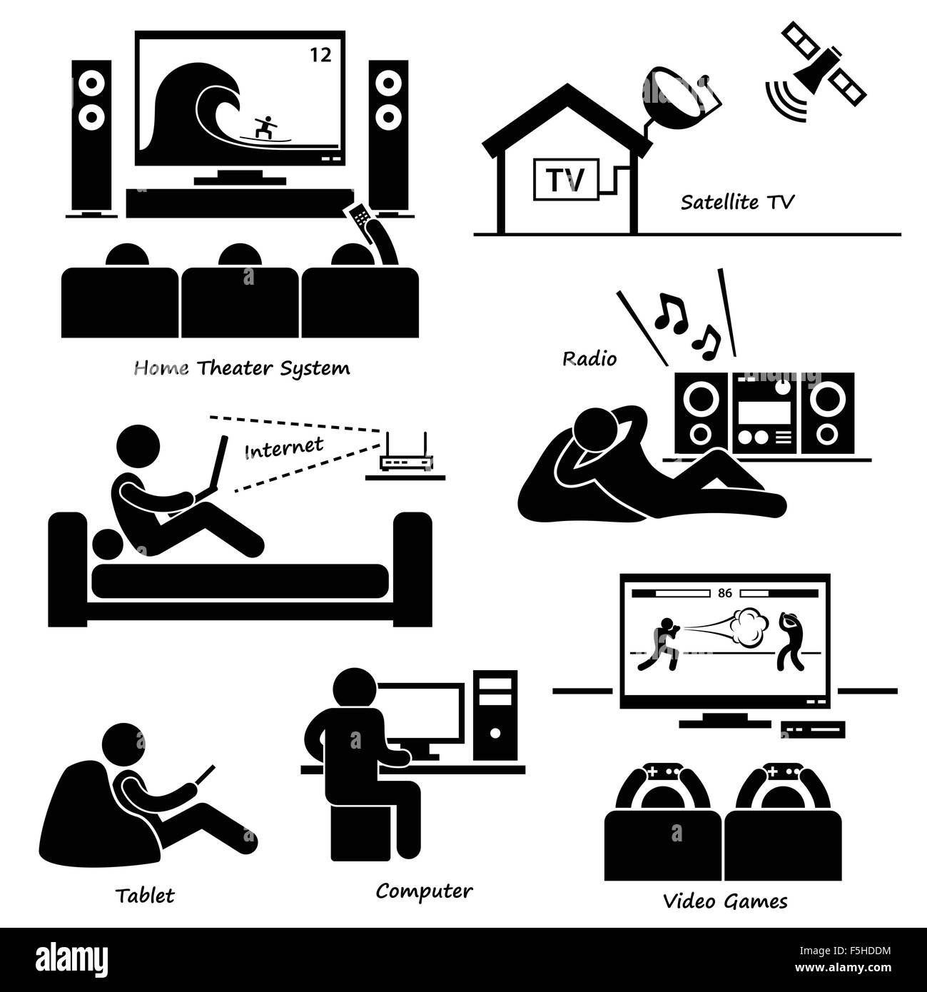 Home Casa intrattenimento apparecchi elettronici Stick Figura Icona pittogramma Cliparts Illustrazione Vettoriale
