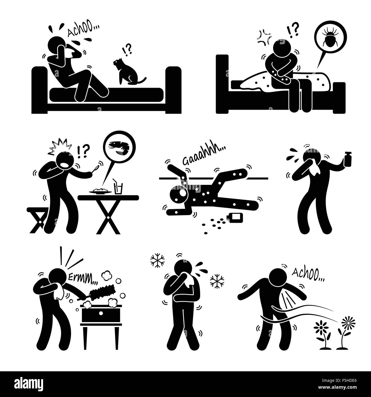 Reazioni allergiche di alimenti di origine animale Ambiente su stick umana Figura Icona pittogramma Cliparts Illustrazione Vettoriale