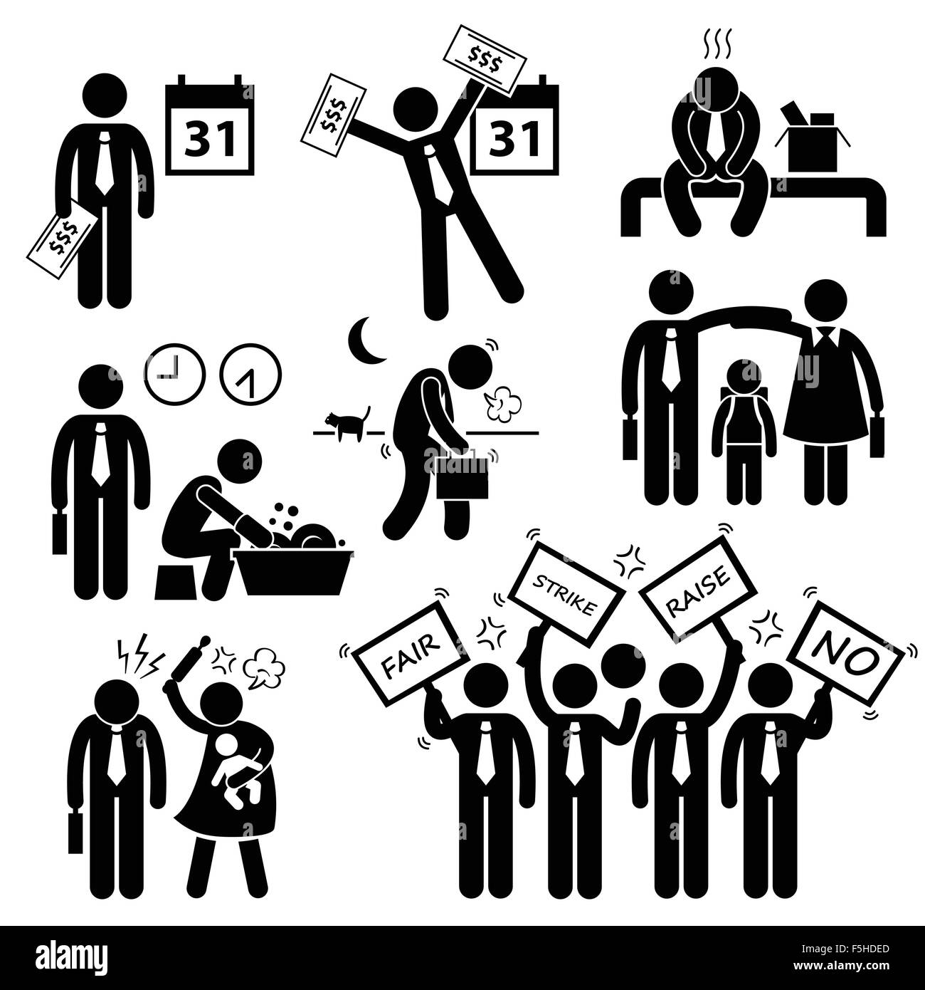 Lavoratore dipendente stipendio reddito problema finanziario Stick Figura Icona pittogramma Cliparts Illustrazione Vettoriale