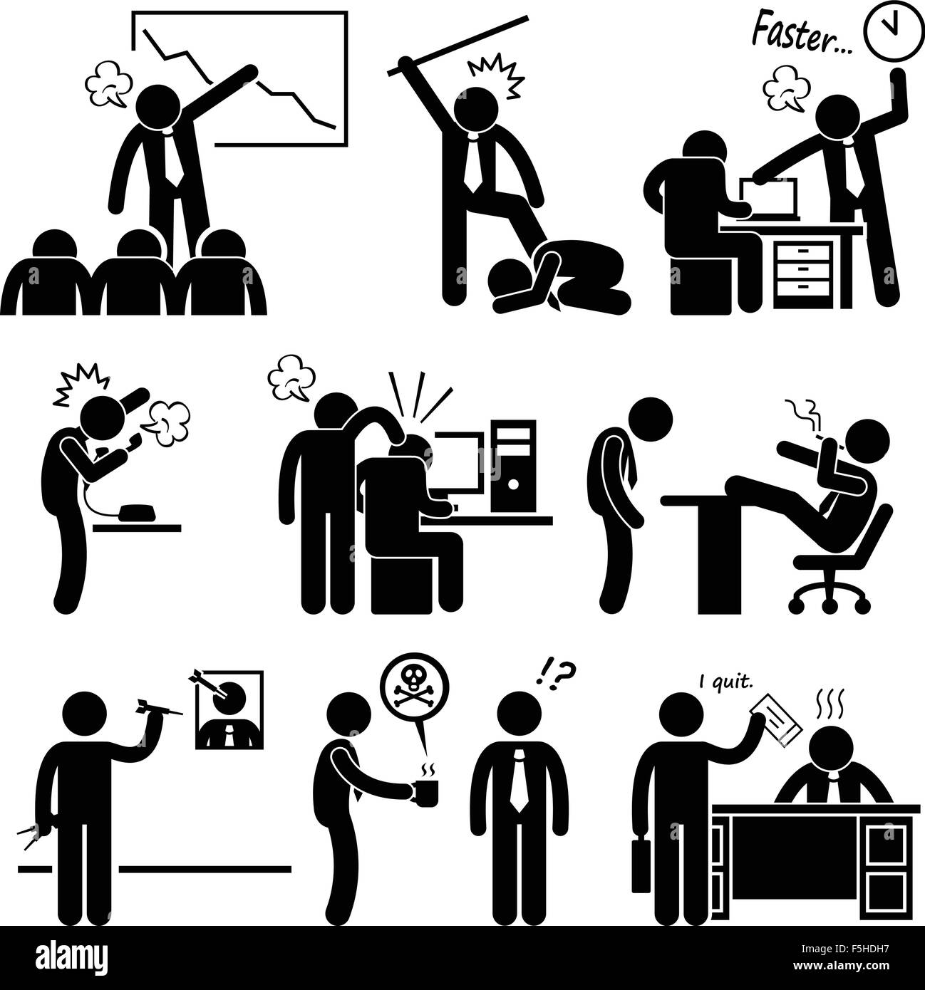 Arrabbiato Boss abusando dipendente Stick Figura Icona pittogramma Illustrazione Vettoriale