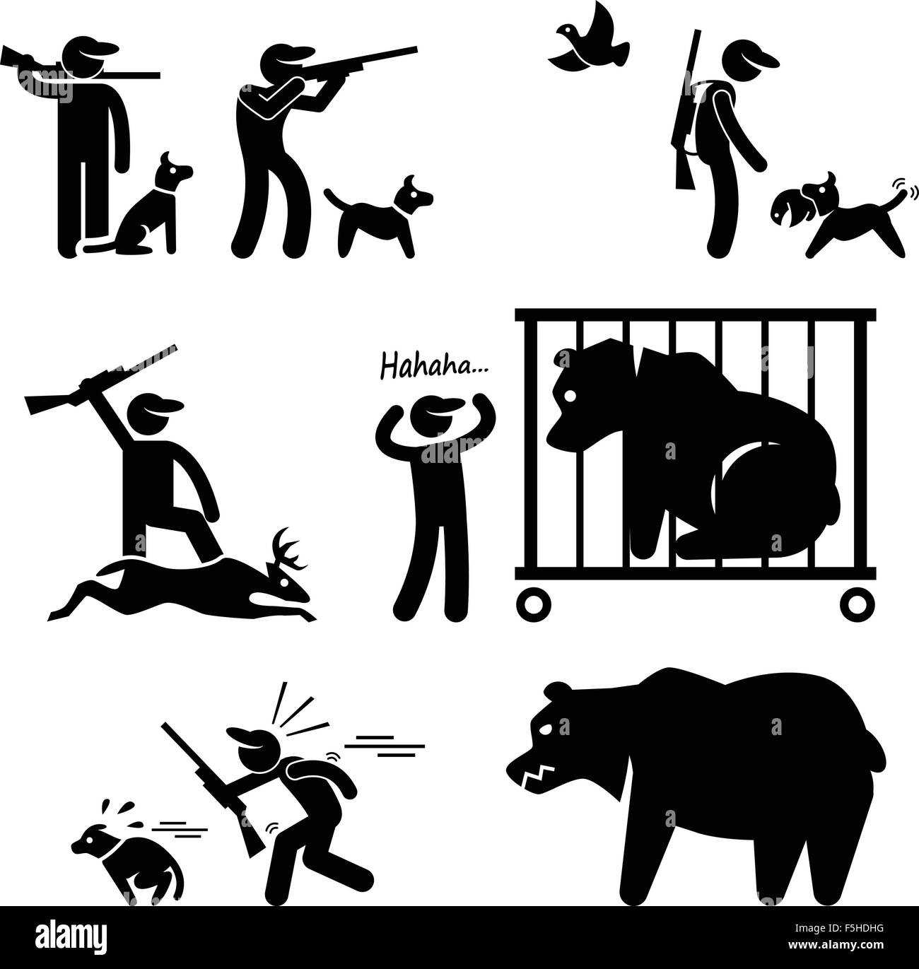 Cacciatore e cane da caccia Stick Figura Icona pittogramma Illustrazione Vettoriale