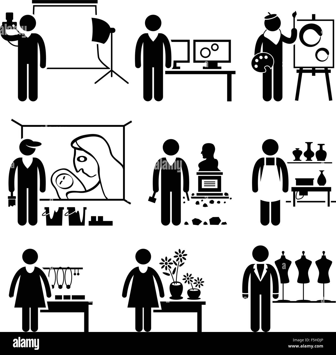 Progettazione artistica occupazioni di lavori di carriere - fotografo, grafico, pittore, murale pittore, scultore, ceramiche, artigianato, Fioraio Illustrazione Vettoriale