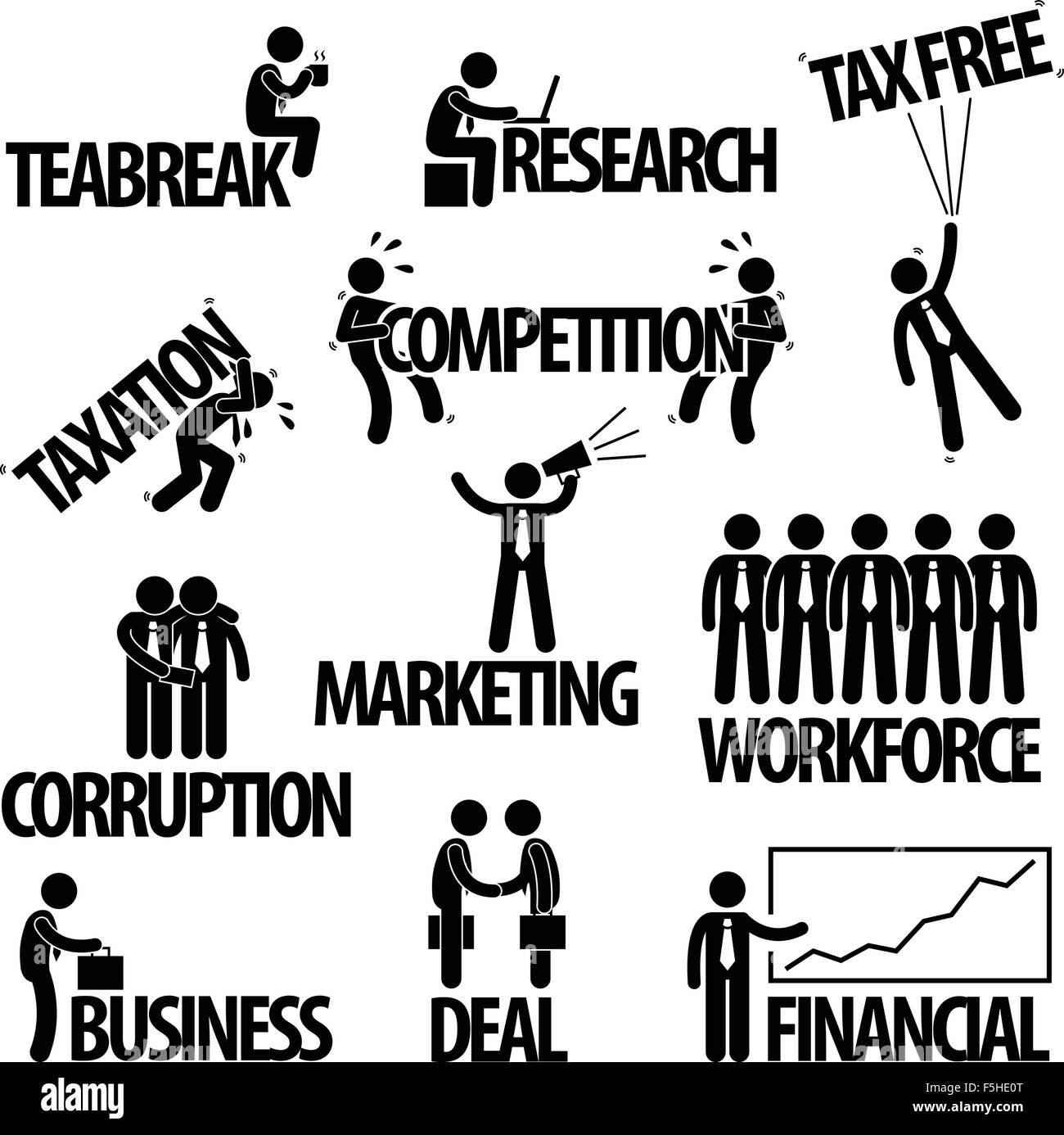 Finanza aziendale imprenditore imprenditore lavoratore dipendente del Team parola di testo Stick Figura Icona pittogramma Illustrazione Vettoriale