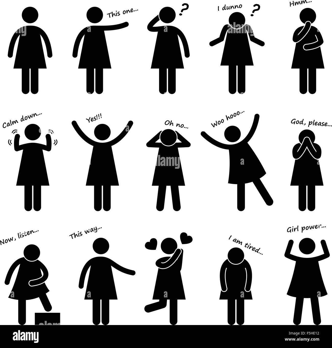 Ragazza donna persona di sesso femminile di base del corpo postura Lingua Stick Figura Icona pittogramma Illustrazione Vettoriale
