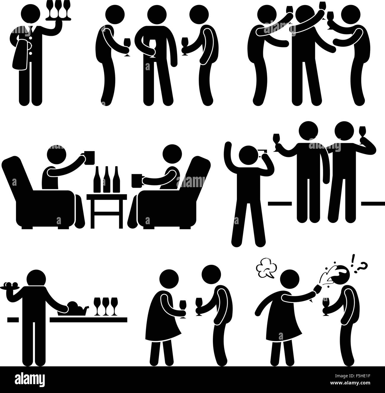 Cocktail Party uomo incontri tra amici gustando vino birra Stick Figura Icona pittogramma Illustrazione Vettoriale