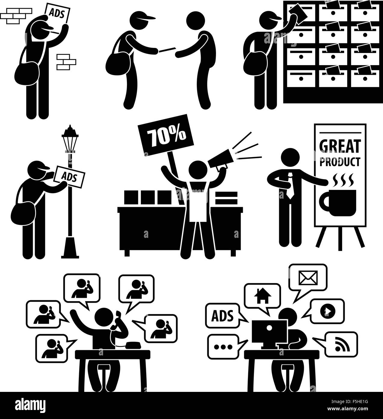 Annuncio della strategia di marketing la distribuzione di Banner Promozione del volantino Venditore il Telemarketing la posta elettronica Internet Stick figura Illustrazione Vettoriale