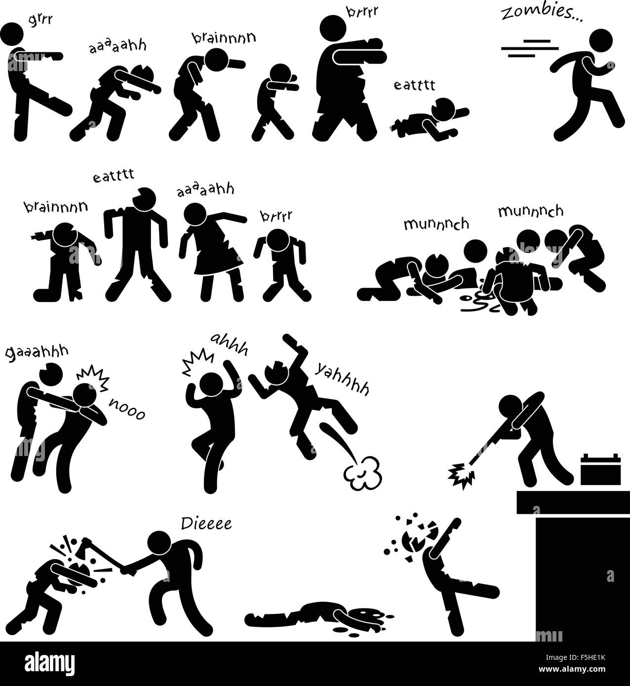 Zombie attacco Zombie Apocalypse Survival focolaio di difesa Stick Figura Icona pittogramma Illustrazione Vettoriale