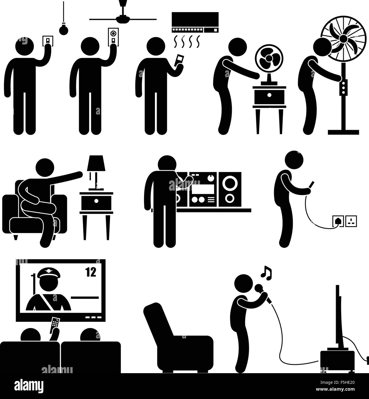 L'uomo utilizzando apparecchi di Home Entertainment per il tempo libero attrezzature elettronica Stick Figura Icona pittogramma Illustrazione Vettoriale