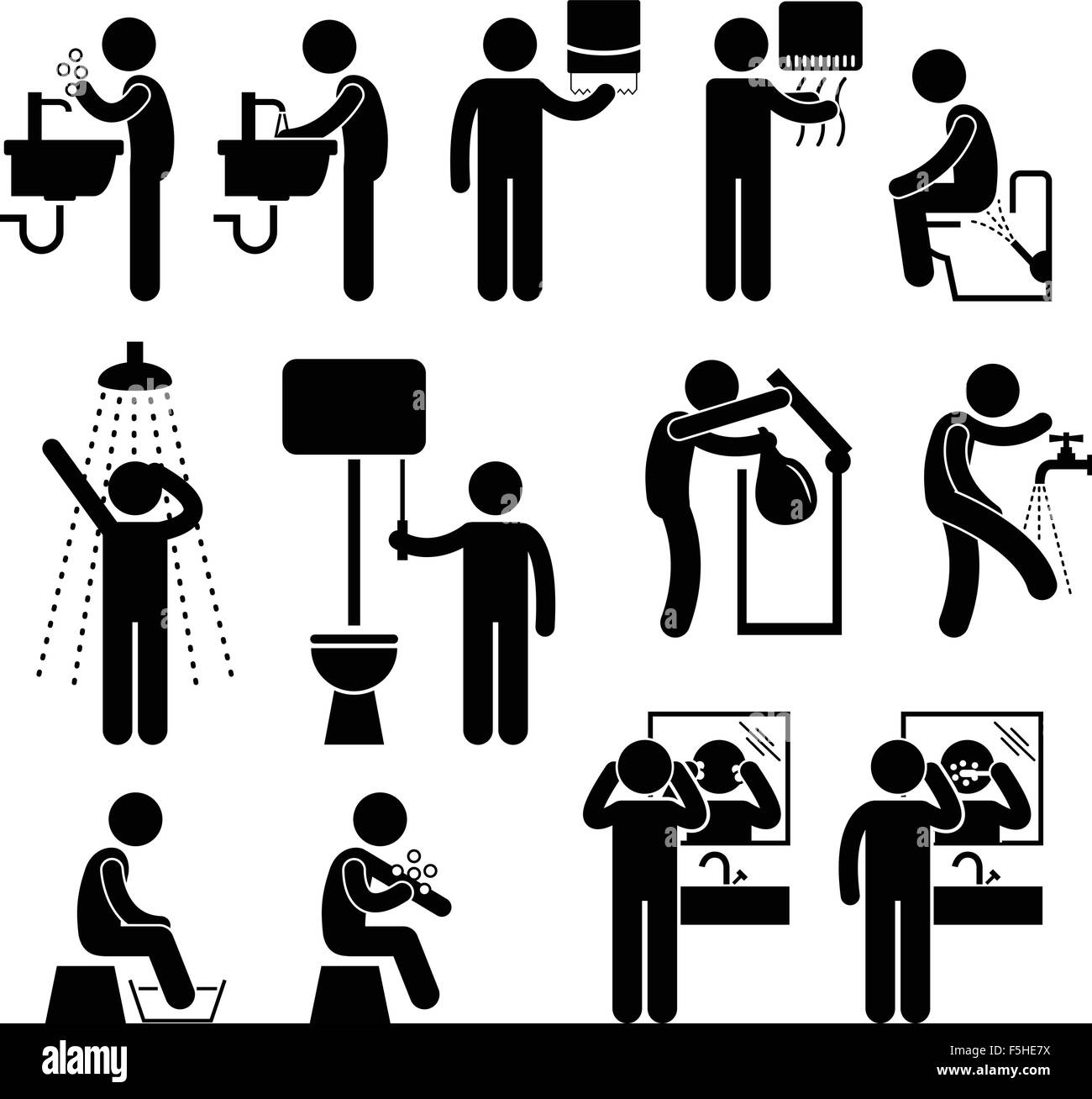 Igiene personale mano lavaggio viso Bagno Doccia a denti di spazzolatura wc bagno Stick Figura Icona pittogramma Illustrazione Vettoriale