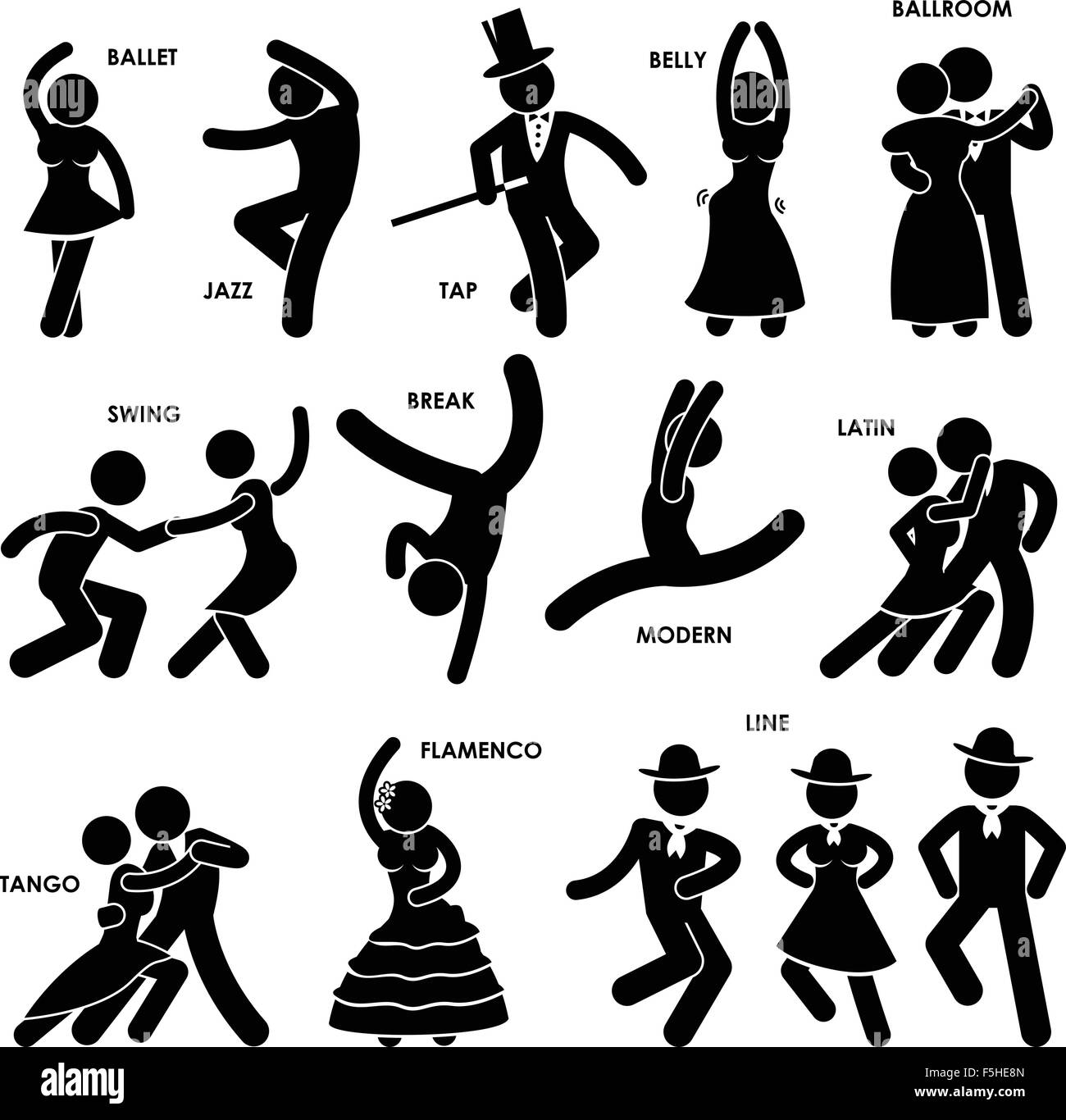 Ballerino di danza jazz Ballet tocca la sala da ballo pancia pausa Swing latino moderno Tango Flamenco linea di bastone Figura Icona pittogramma Illustrazione Vettoriale