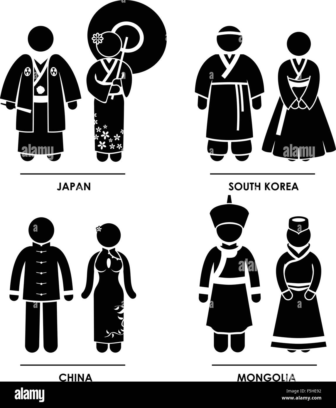 Asia orientale - Giappone Corea del Sud Mongolia Cina Uomo Donna nazionale Costume tradizionale vestire abbigliamento simbolo icona Segno pittogramma Illustrazione Vettoriale