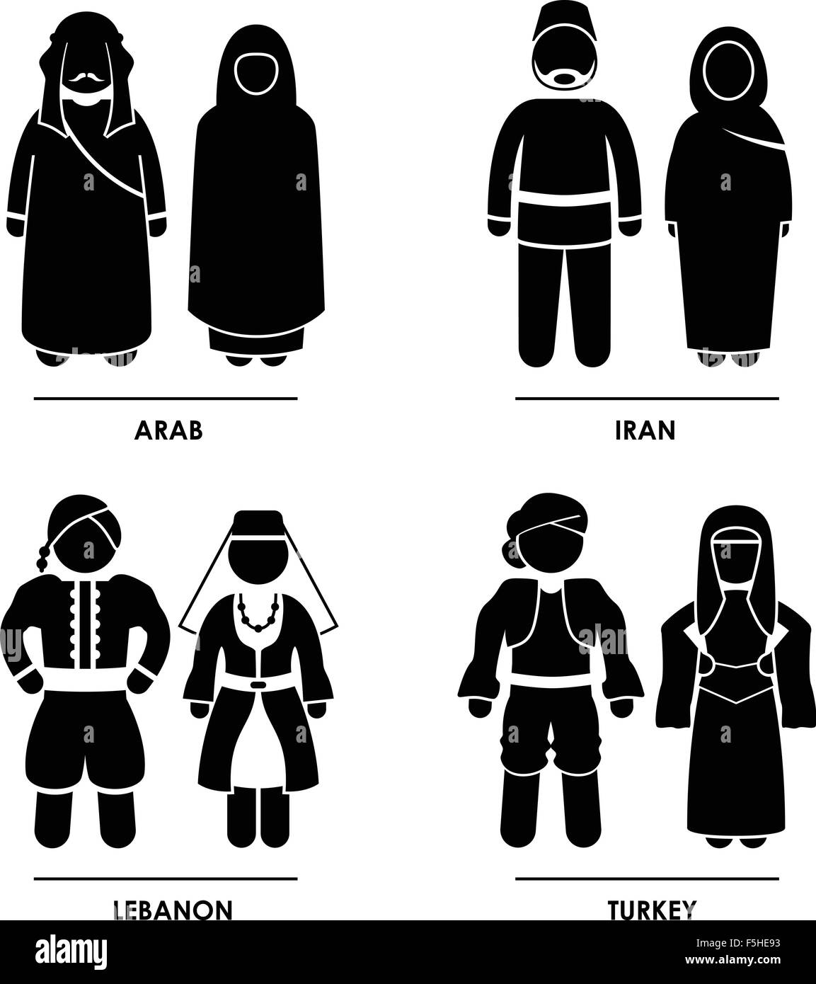 L'Asia occidentale - arabo Iran Libano Turchia Uomo Donna nazionale Costume tradizionale vestire abbigliamento simbolo icona Segno pittogramma Illustrazione Vettoriale
