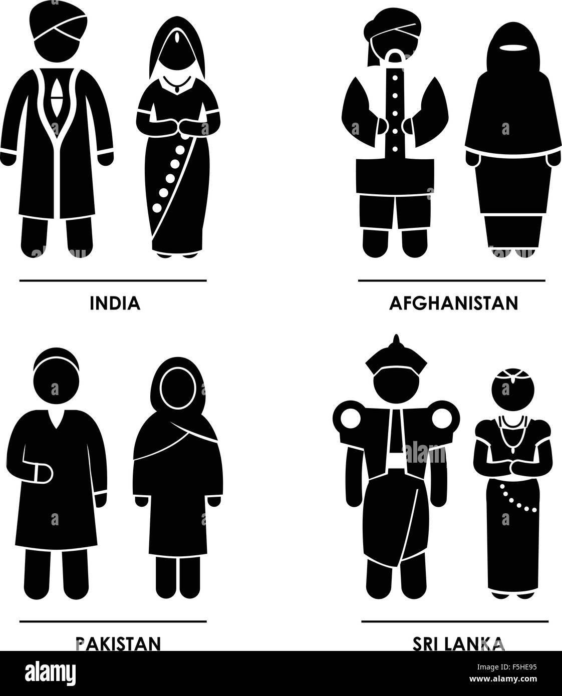 Asia del sud - India Afghanistan Pakistan Sri Lanka Uomo Donna nazionale Costume tradizionale vestire abbigliamento Icona segno di simbolo Illustrazione Vettoriale