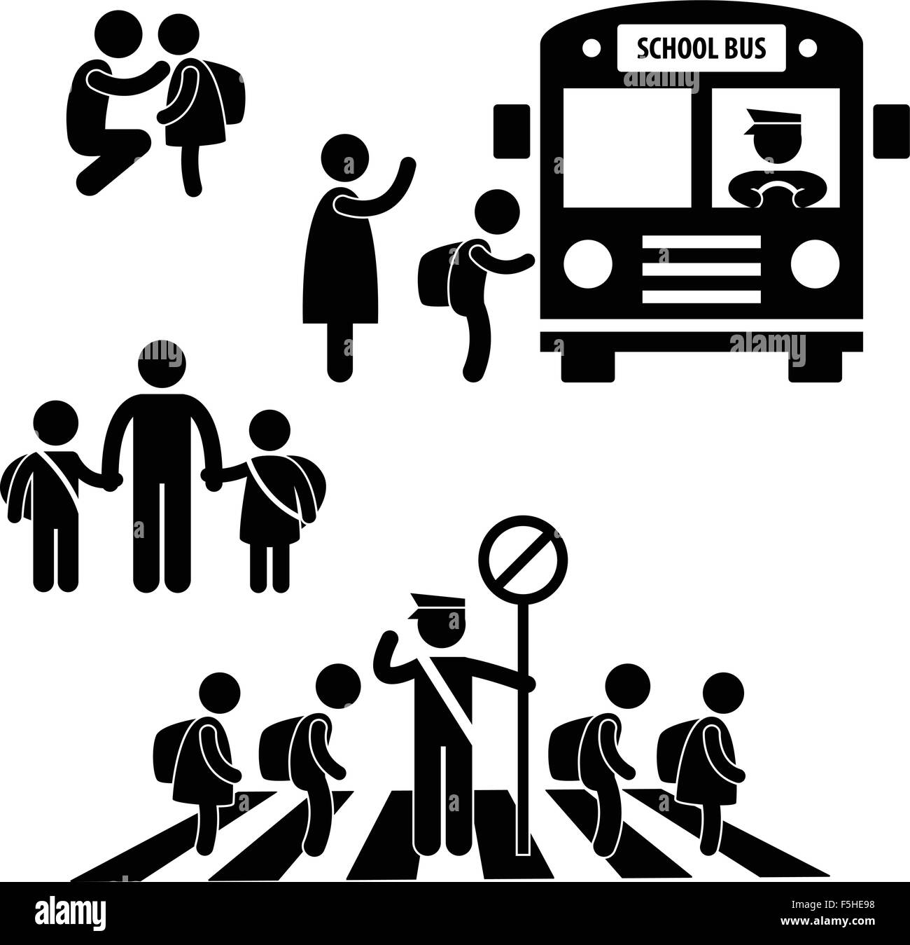 Studente allievo bambini torna a scuola bus attraversando il traffico stradale di polizia Simbolo icona Segno pittogramma Illustrazione Vettoriale
