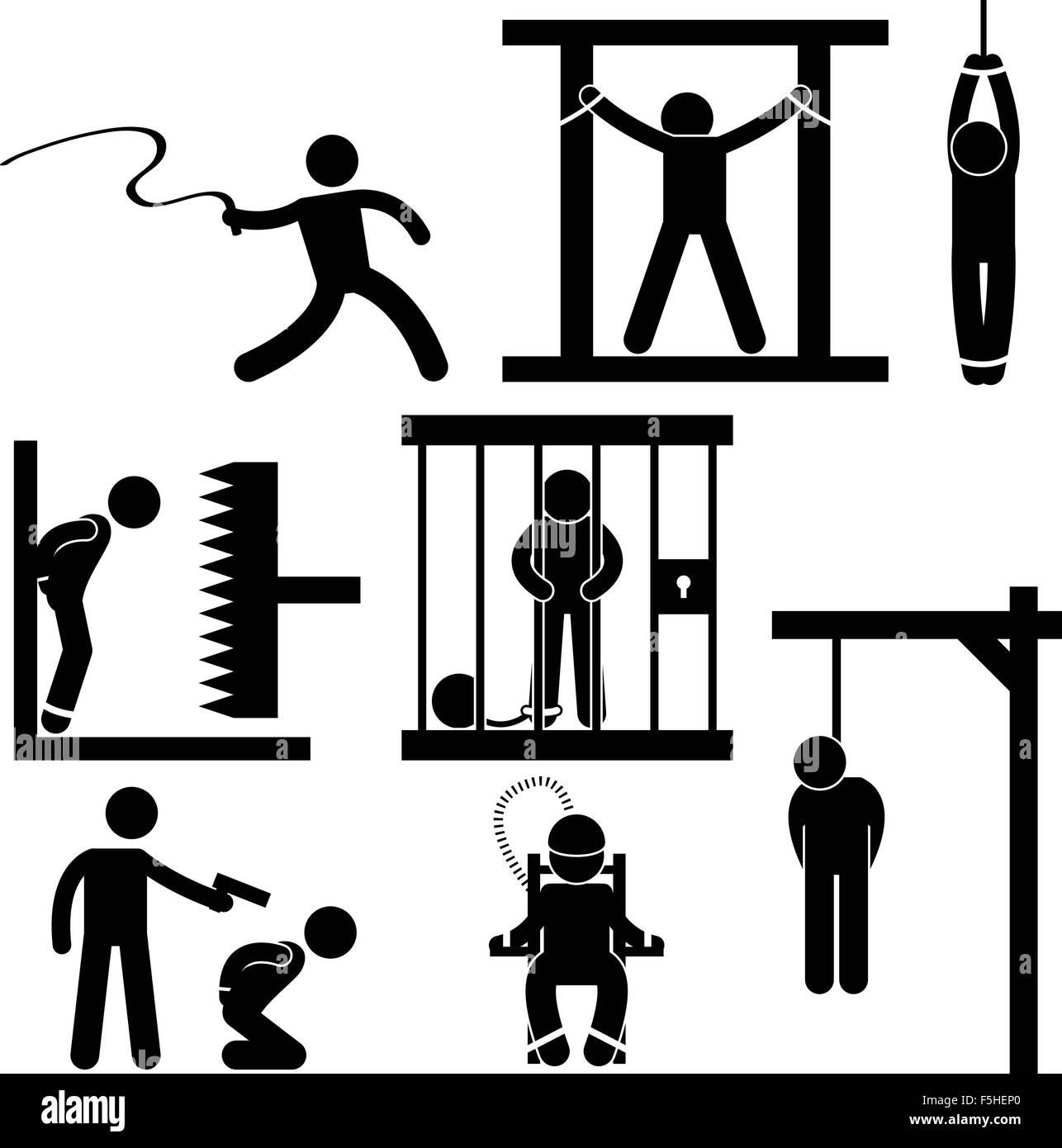 La punizione della tortura Giustizia condanna a morte Esecuzione icona simbolo segno pittogramma Illustrazione Vettoriale