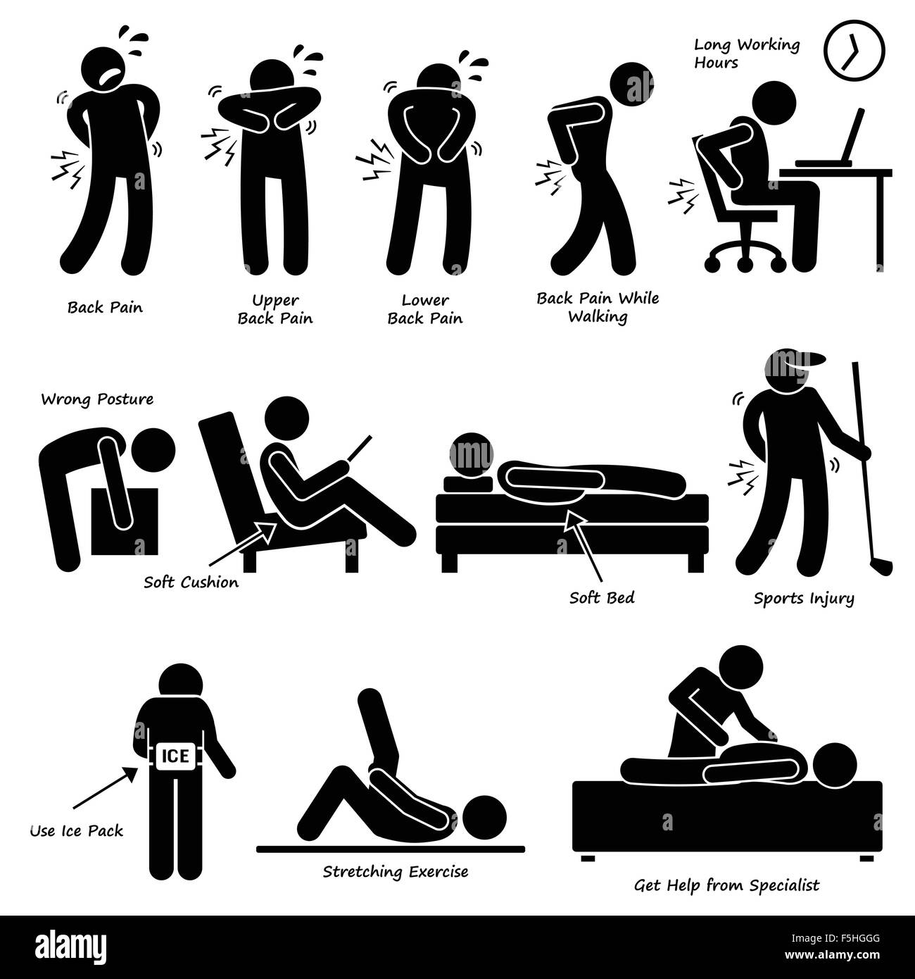 Mal di schiena mal di schiena pittogramma Illustrazione Vettoriale