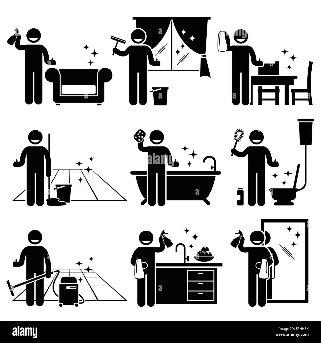Uomo di lavaggio e pulizia di casa divano, windows, mobili in legno, pavimento, vasca da bagno, wc, cucina e lo specchio a casa. Illustrazione Vettoriale