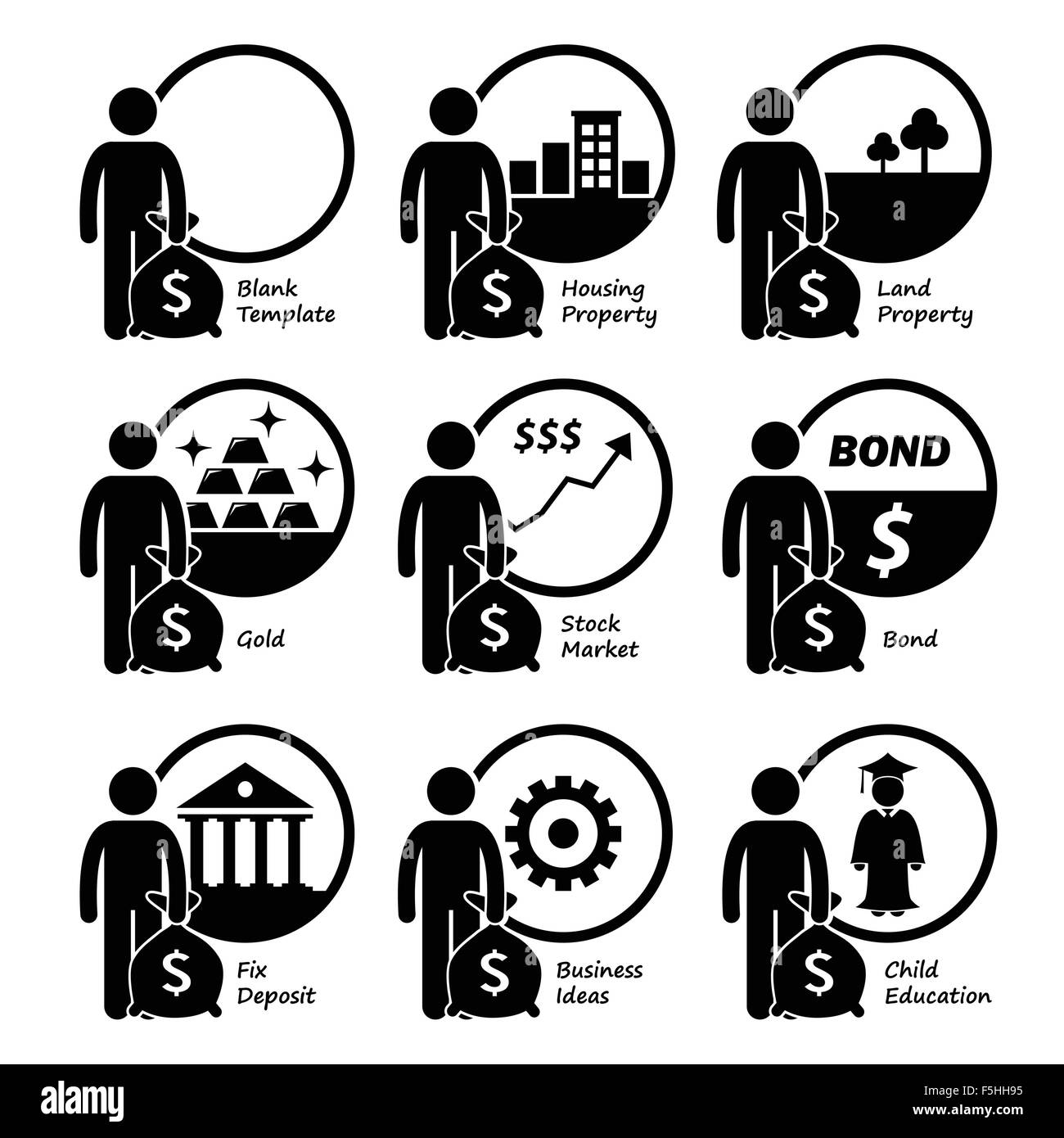 Investor investire gli investimenti in abitazioni, Terra, oro, del mercato azionario, Bond, Business Venture e Bambini Educazione Illustrazione Vettoriale