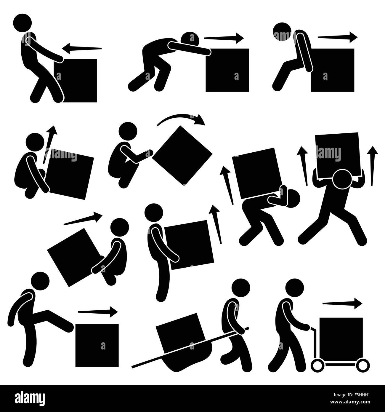 L'uomo scatola di movimentazione azioni posture Stick figura il pittogramma icone Illustrazione Vettoriale