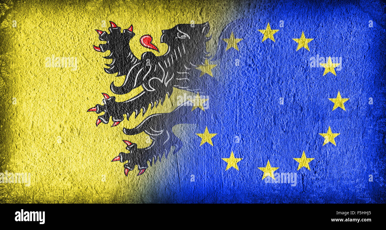 Le Fiandre e l'UE, bandiere dipinta sul calcestruzzo incrinato Foto Stock