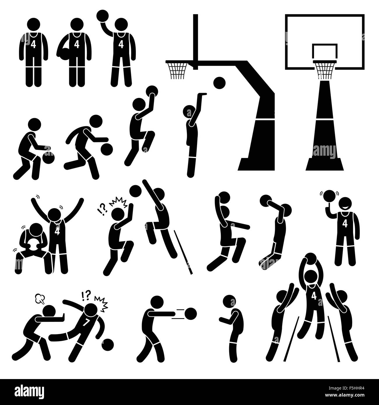 Giocatore di basket azione Stick pone la figura il pittogramma icone Illustrazione Vettoriale
