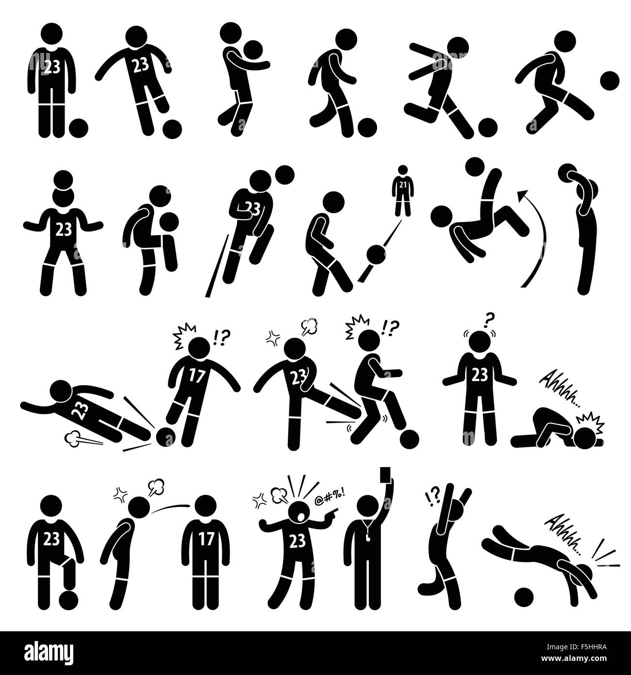 Football Soccer Player calciatore azioni pone Stick figura il pittogramma icone Illustrazione Vettoriale