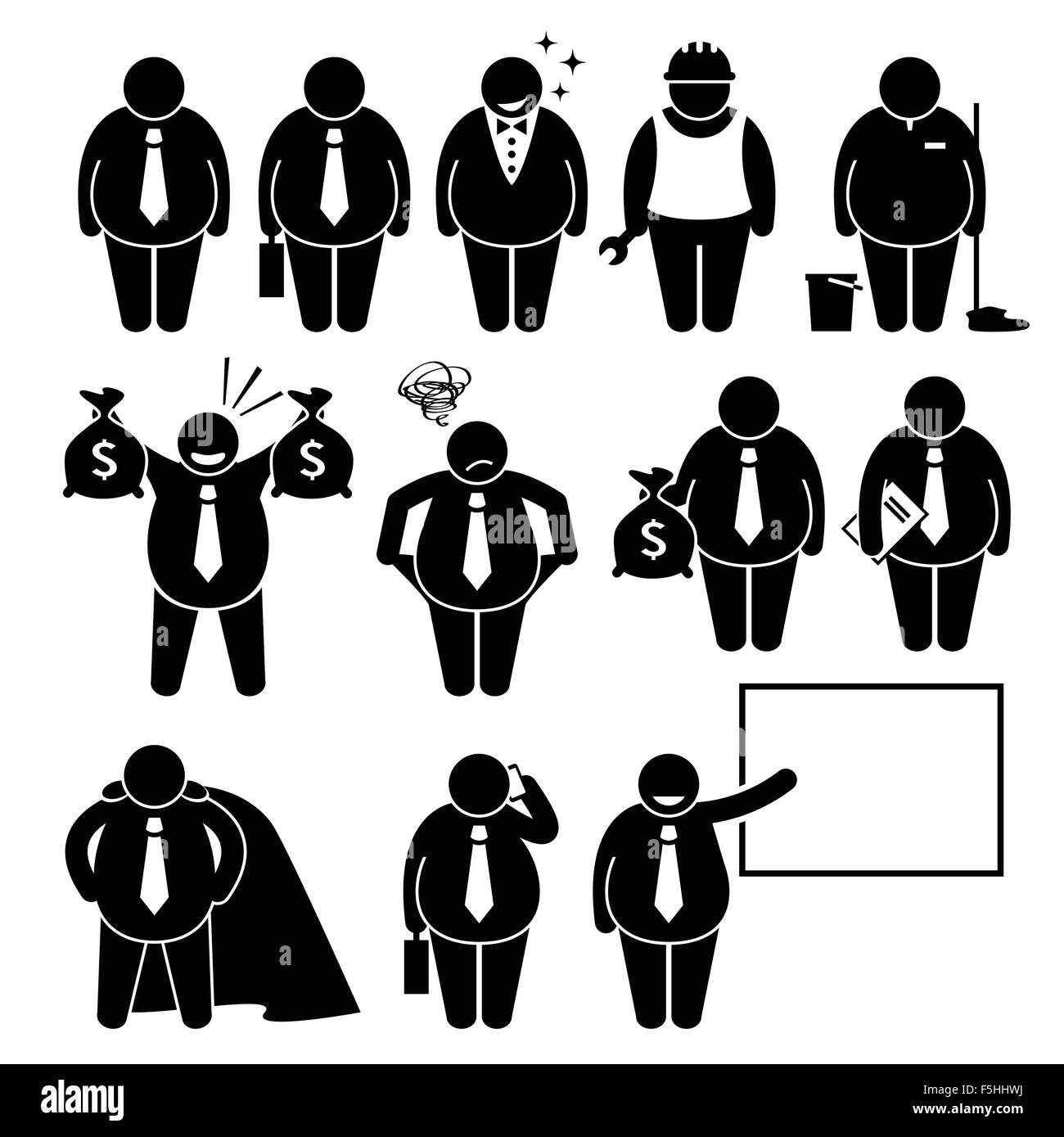 Imprenditore grasso Business Man lavoratore Stick figura il pittogramma icone Illustrazione Vettoriale