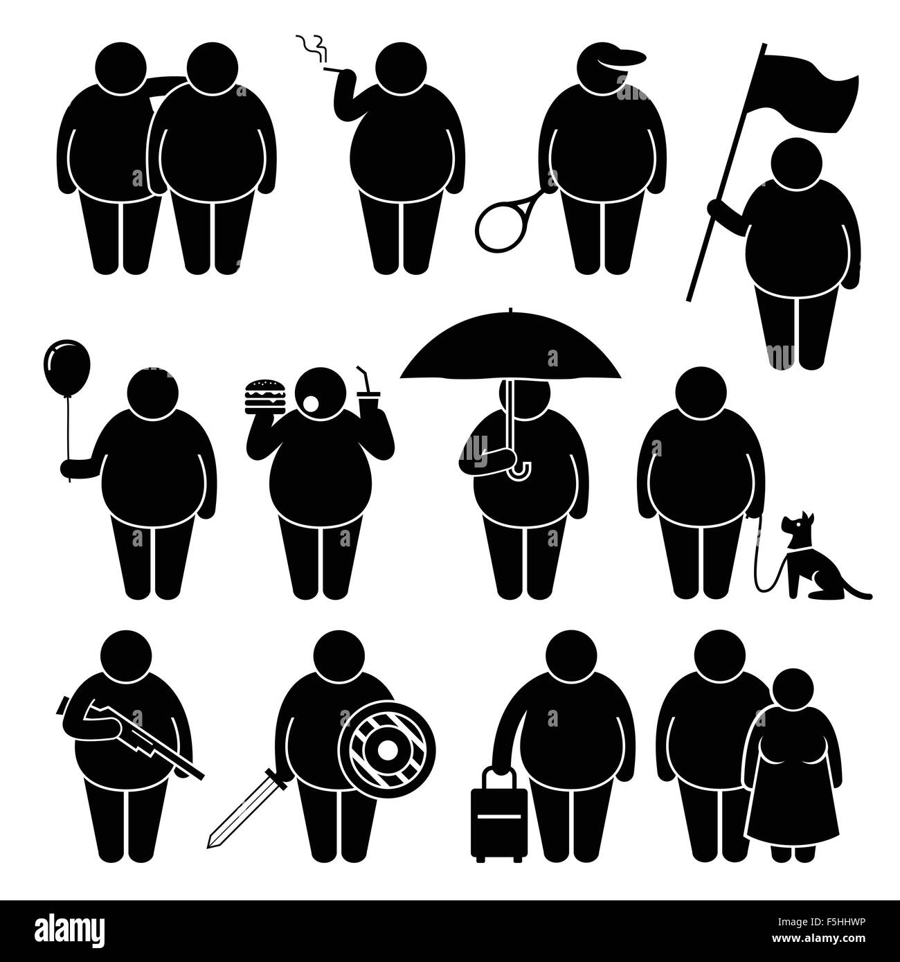Fat Man azienda utilizzando vari oggetti Stick figura il pittogramma icone Illustrazione Vettoriale