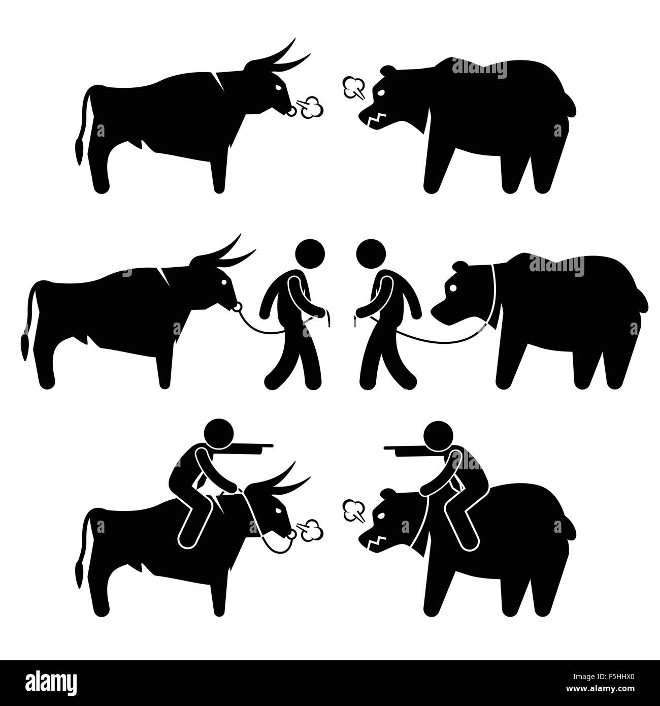 Imprenditore uomo d affari con Bull e Bear Stick figura il pittogramma icone Illustrazione Vettoriale