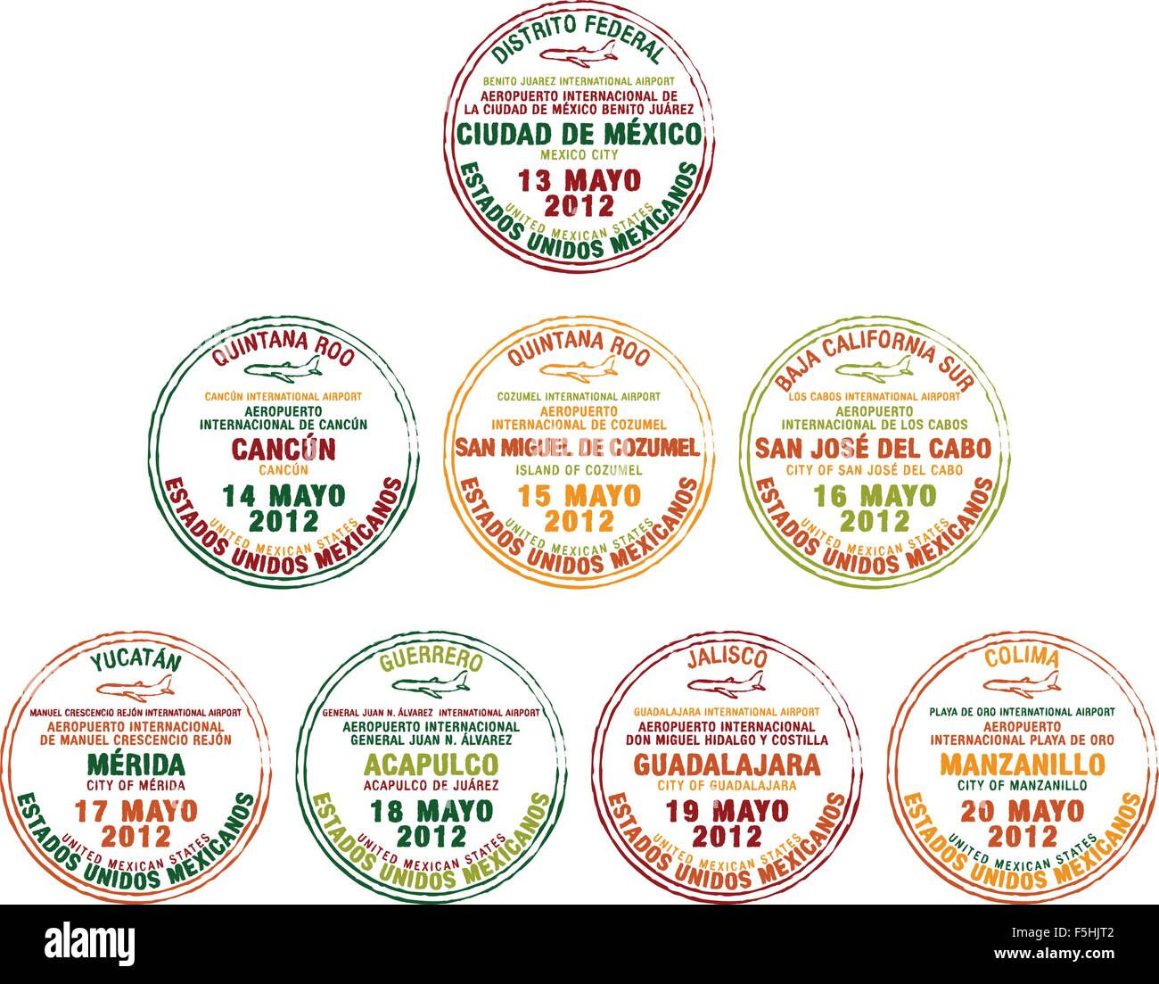 Passaporto messicano francobolli in formato vettoriale. Illustrazione Vettoriale