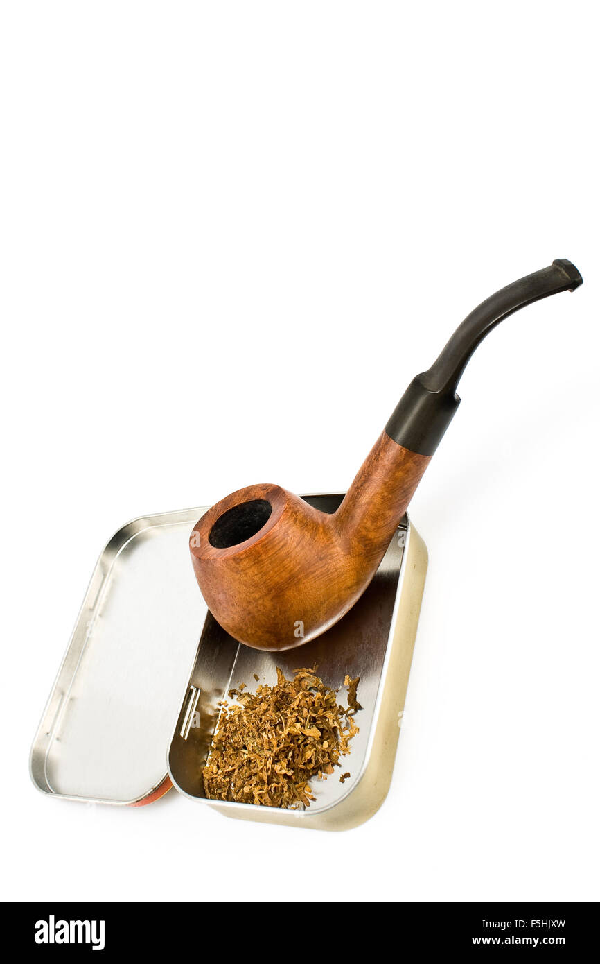 Tubo di tabacco con la scatola di stagno isolato su bianco Foto Stock