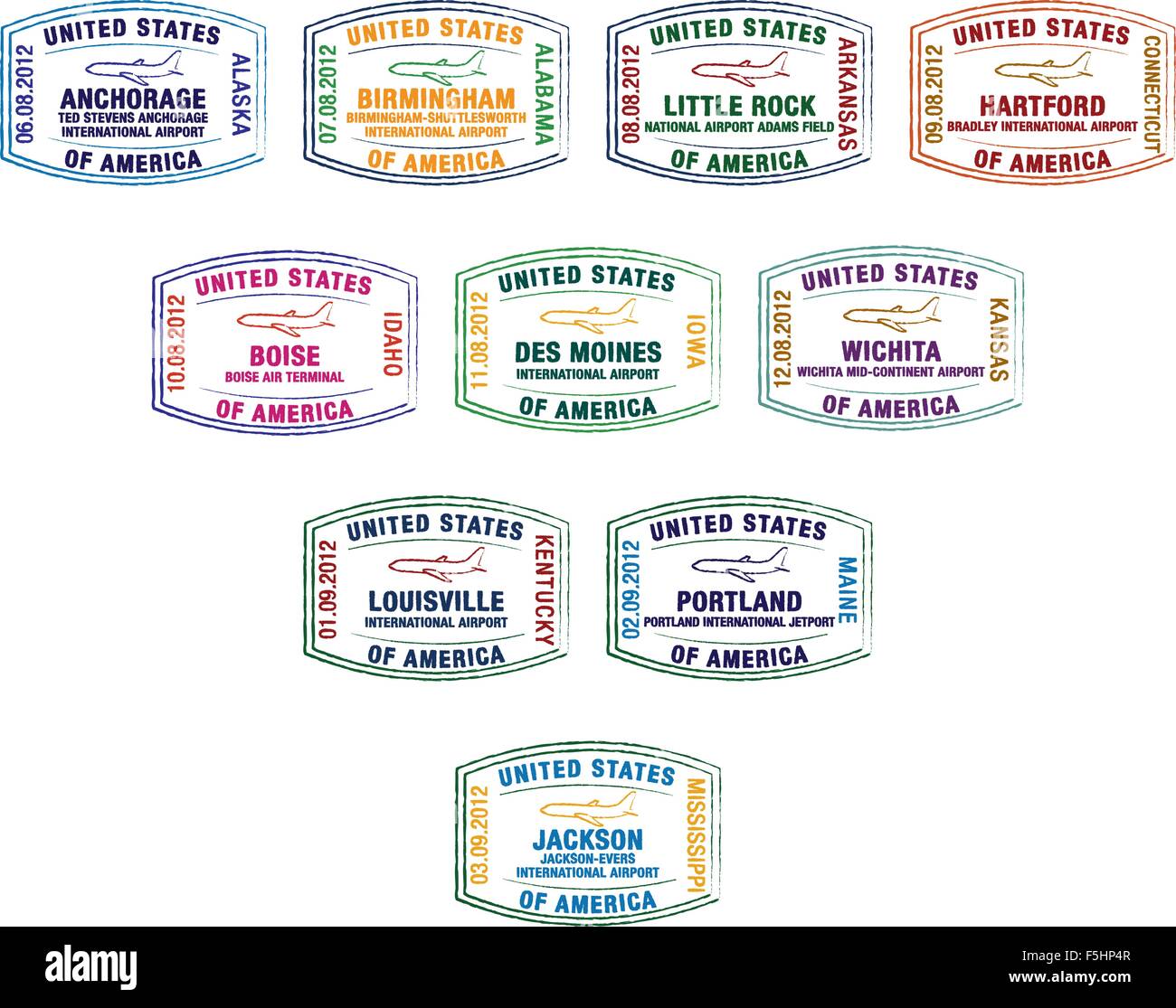 Passaporto Francobolli dei principali aeroporti statunitensi in formato vettoriale. Illustrazione Vettoriale