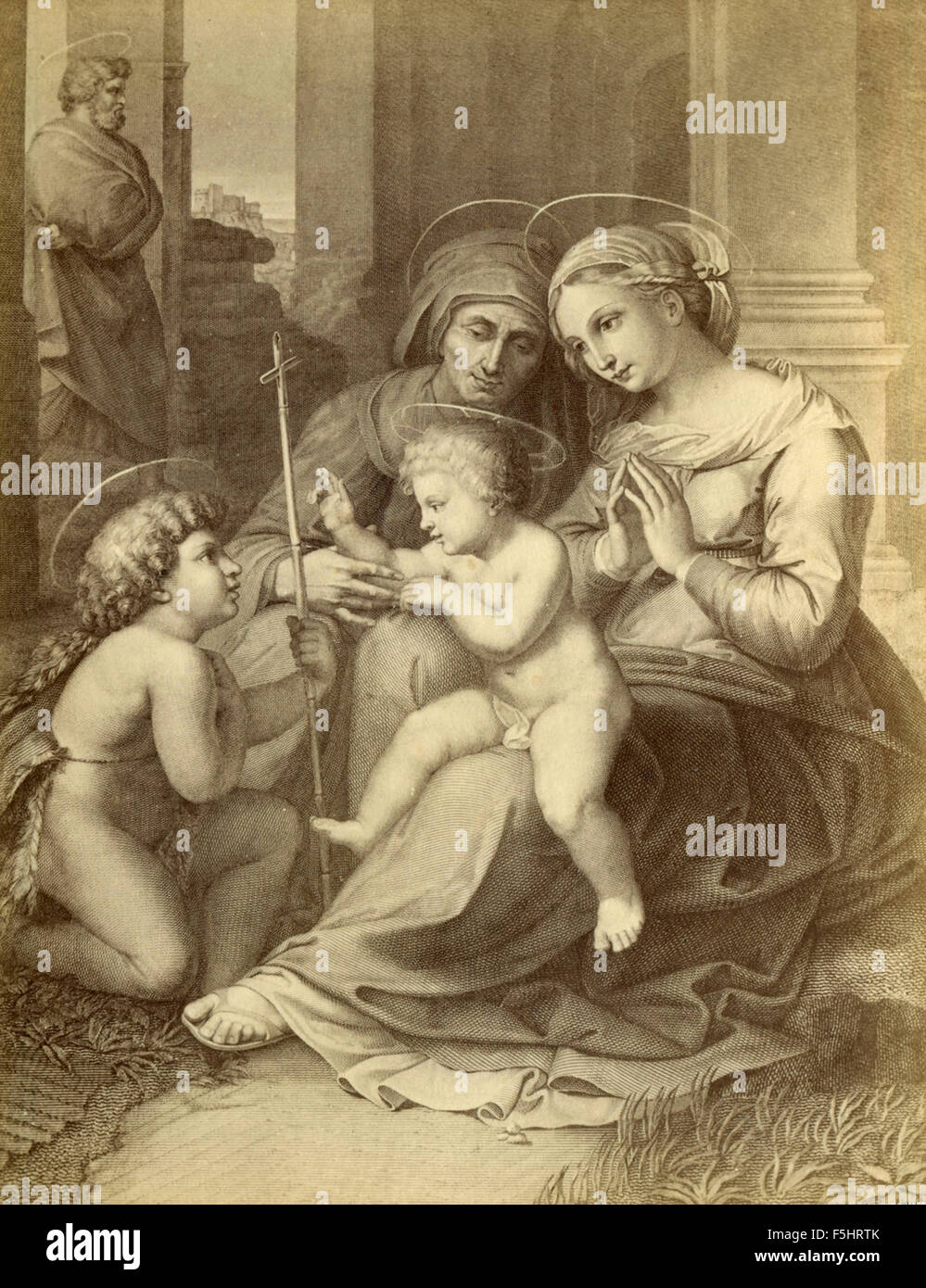 La Santa Famiglia, incisione di Barocci e Raffaello Foto Stock