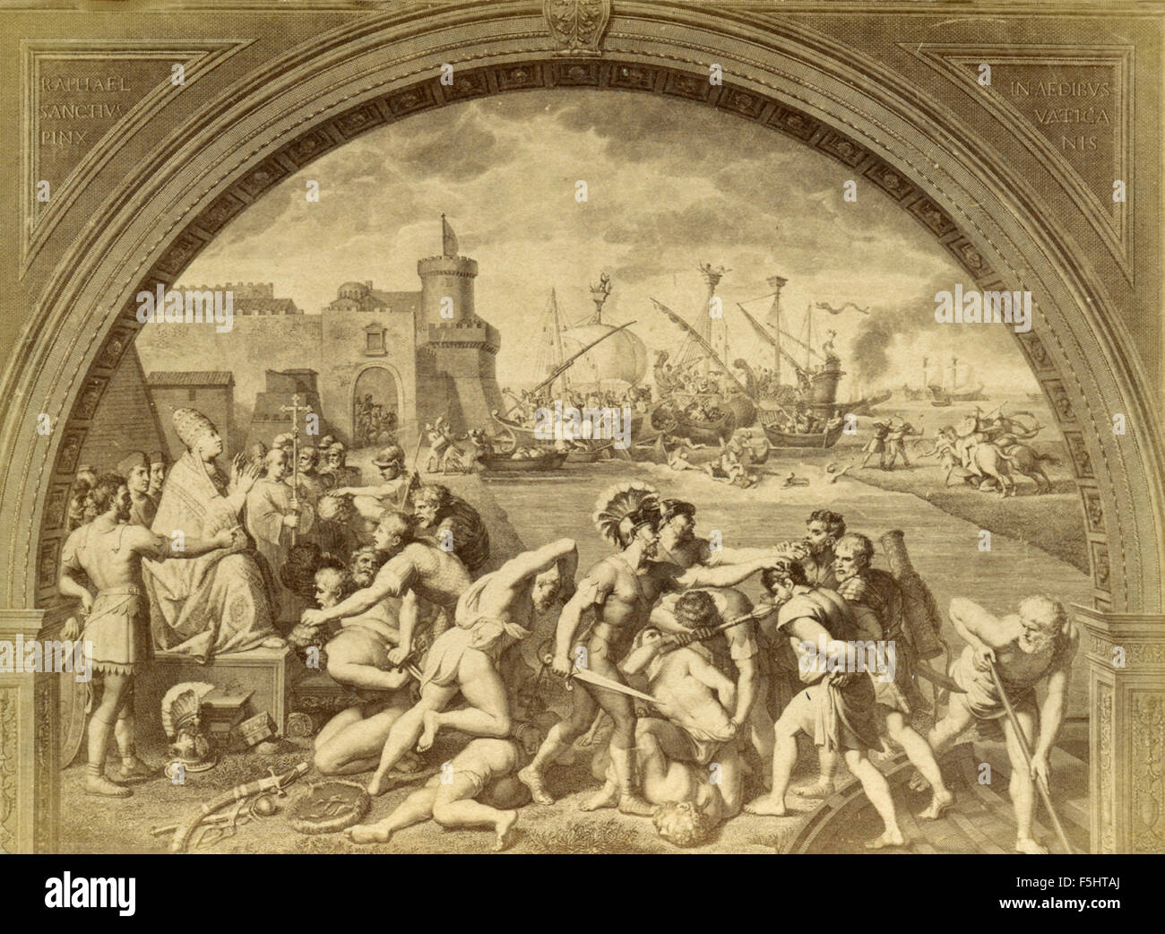 Battaglia di Ostia, sbarco dei saraceni, incisione da Raffaello Foto Stock