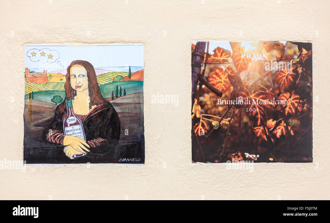 MONTALCINO, Italia - 27 agosto 2011: la lapide che ricorda il raccolto di vino Brunello di anni 2000 (Emilio Giannelli) e 2001 Foto Stock