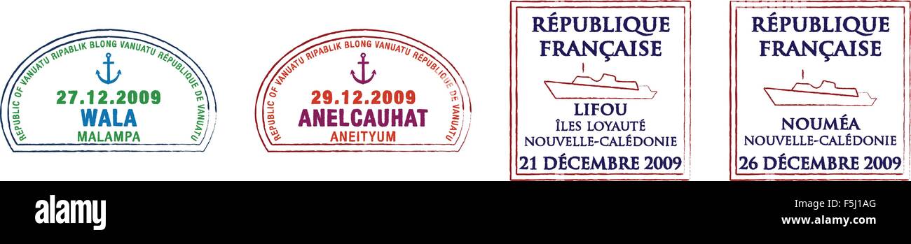 Stilizzato Vanuatu e Nuova Caledonia Passaporto Francobolli Illustrazione Vettoriale