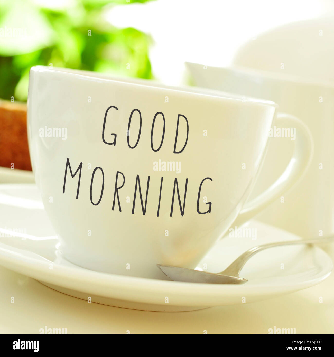 Primo piano di una tazza di caffè o tè con il testo di buona mattina scritto in esso Foto Stock