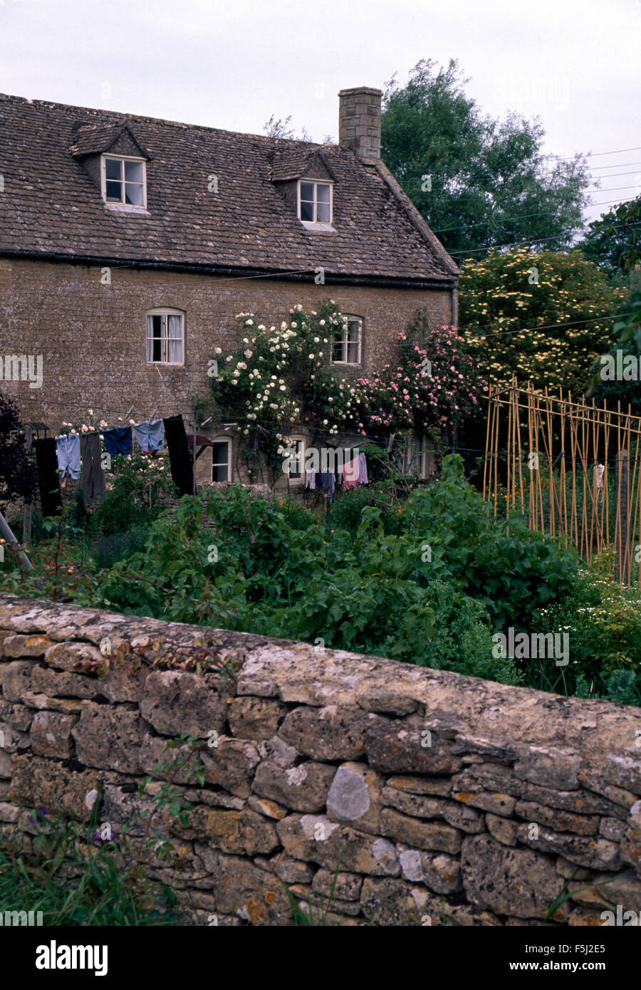 Ruvido muro di pietra sul perimetro del giardino di una villetta con una linea di lavaggio nel giardino anteriore Foto Stock