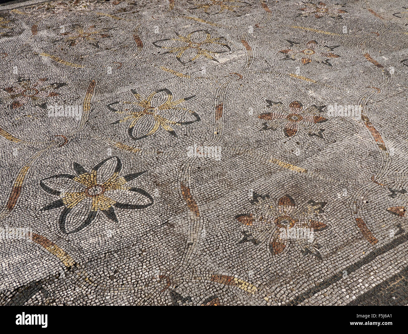 Ben conservato mosaico romano pavimento in Ostia Antica sito di scavo vicino a Roma, Italia Foto Stock