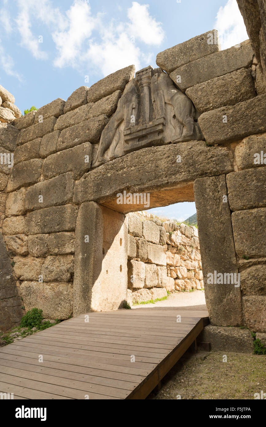 La Porta del Leone. I siti archeologici di Micene e Tirinto sono stati iscritti sulla lista del Patrimonio mondiale dell UNESCO Foto Stock