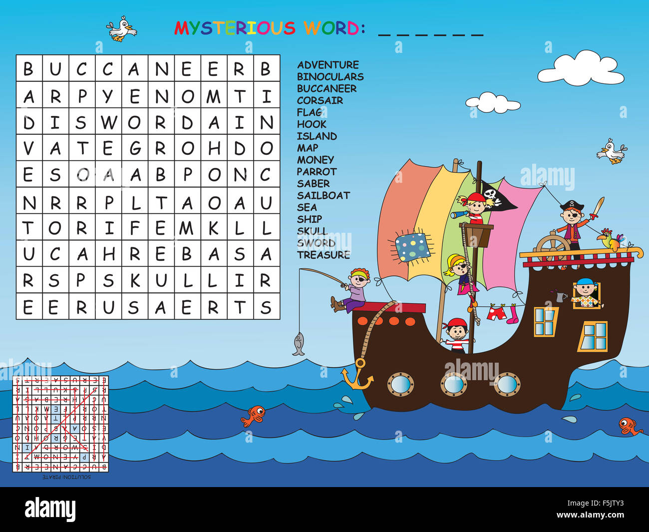 Gioco per bambini : Trovare tutte le parole (orizzontale, verticale e diagonale). Utilizzare le lettere restanti per trovare la parola misteriosa. Foto Stock
